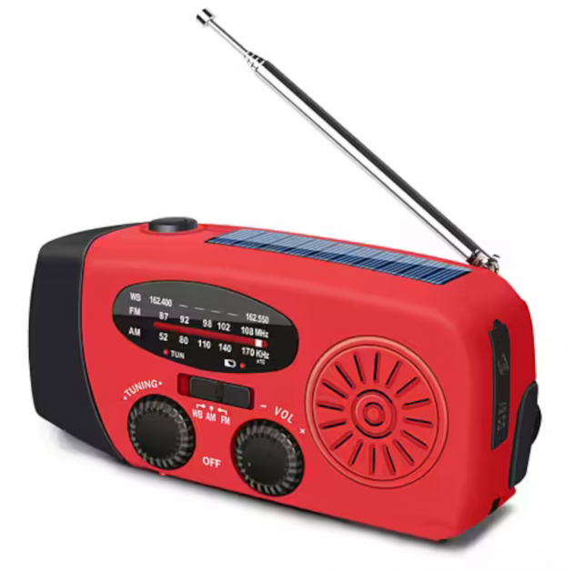 Emergency radio with crank AM-FM solar panel including USB